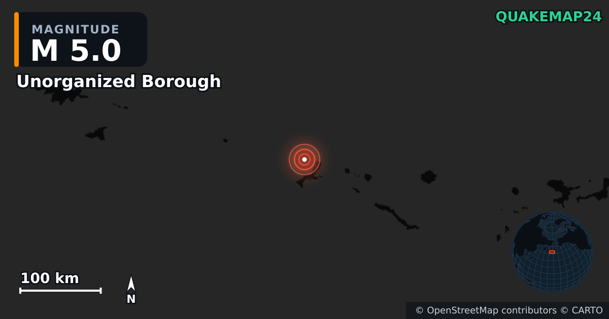 M5.0 earthquake near Unorganized Borough on Jan 23, 2026 — map of epicenter and shaking intensity | QuakeMap24