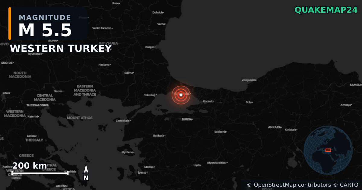 M5.5 earthquake near WESTERN TURKEY on Apr 23, 2025 — map of epicenter and shaking intensity | QuakeMap24