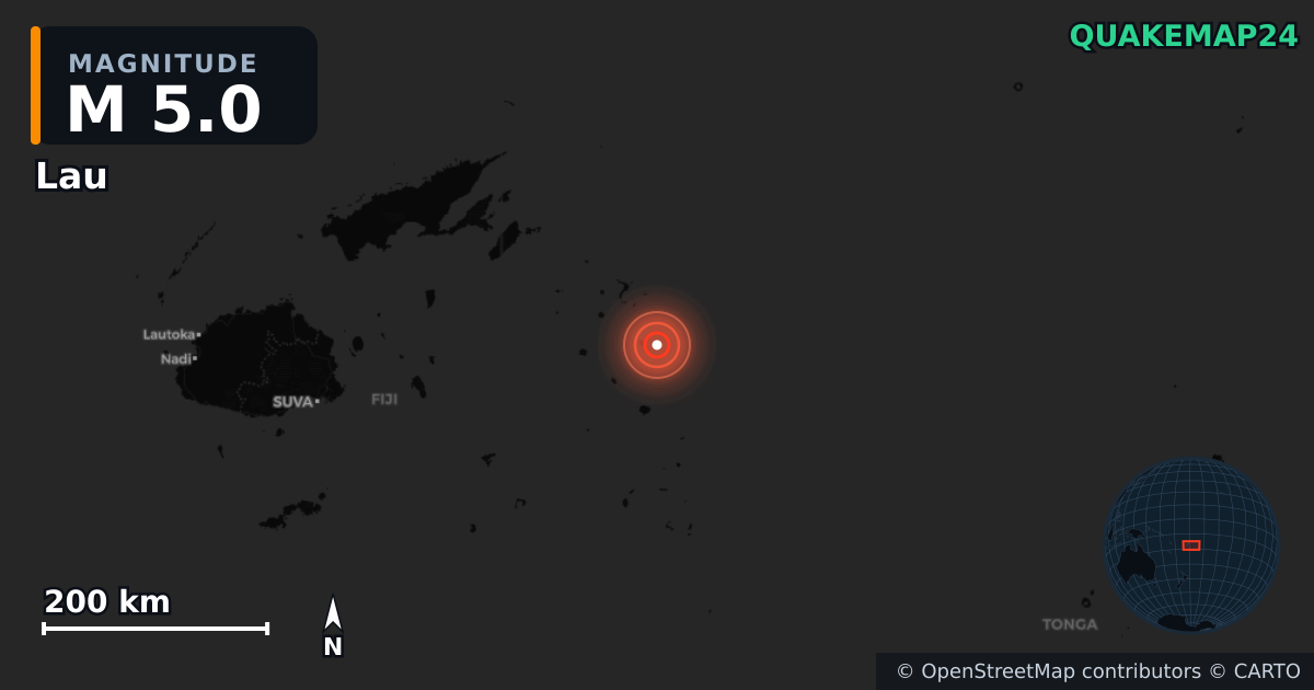 M5.0 earthquake near Lau on Aug 17, 2026 — map of epicenter and shaking intensity | QuakeMap24