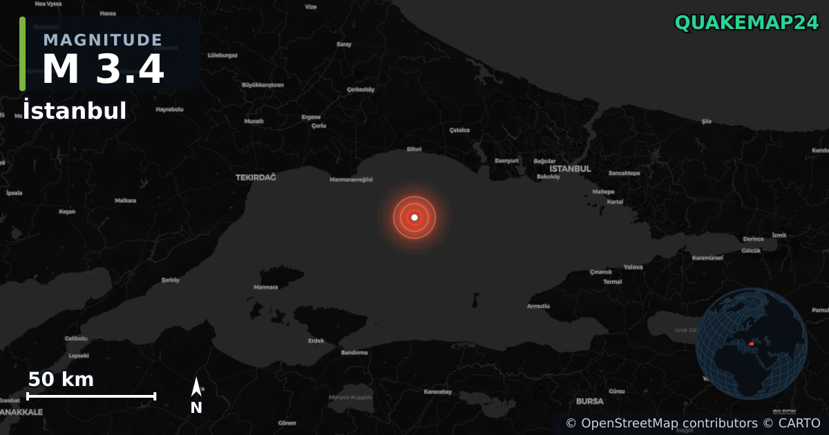 M3.4 earthquake near İstanbul on Nov 13, 2025 — map of epicenter and shaking intensity | QuakeMap24