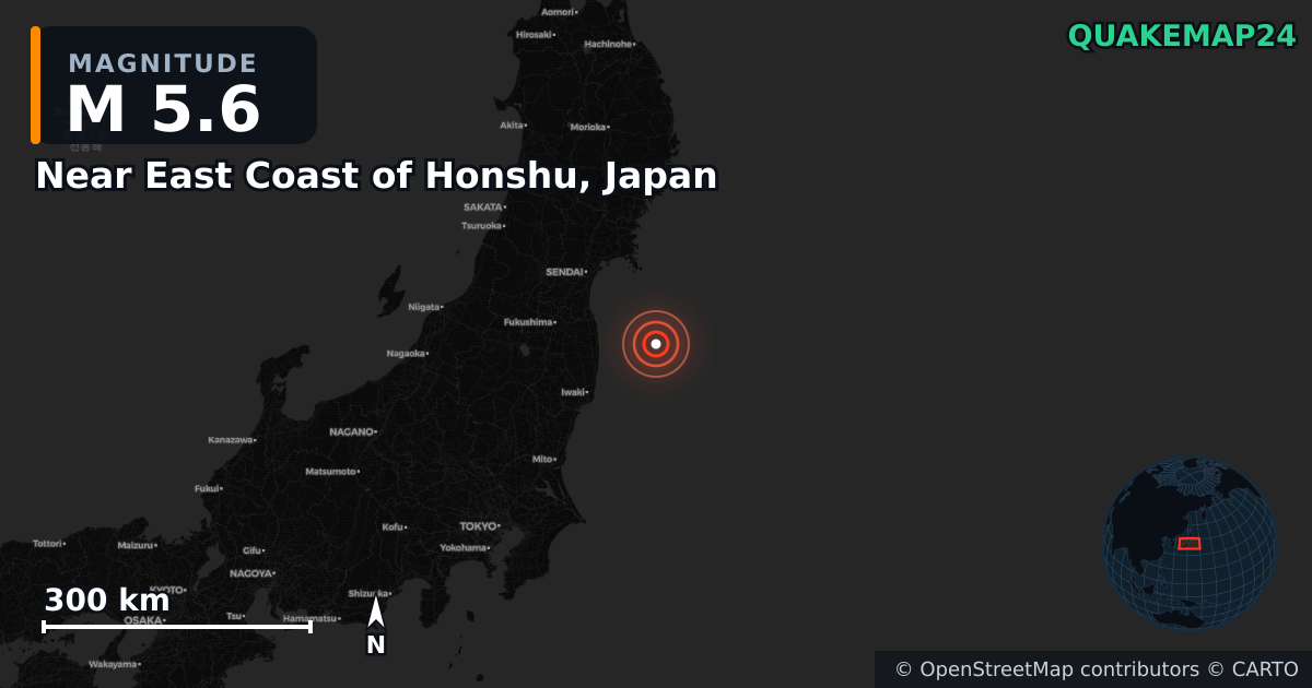 M5.6 earthquake near Near East Coast of Honshu, Japan on Oct 4, 2025 — map of epicenter and shaking intensity | QuakeMap24