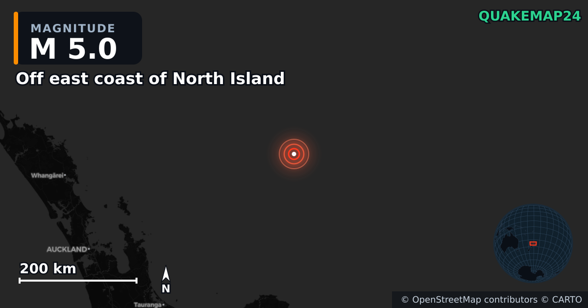 M5.0 earthquake near Off east coast of North Island on Apr 4, 2026 — map of epicenter and shaking intensity | QuakeMap24