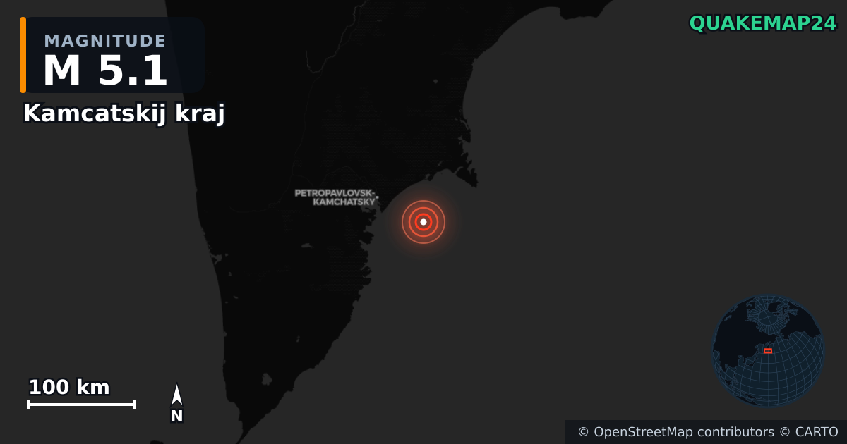 M5.1 earthquake near Kamcatskij kraj on Jan 12, 2026 — map of epicenter and shaking intensity | QuakeMap24