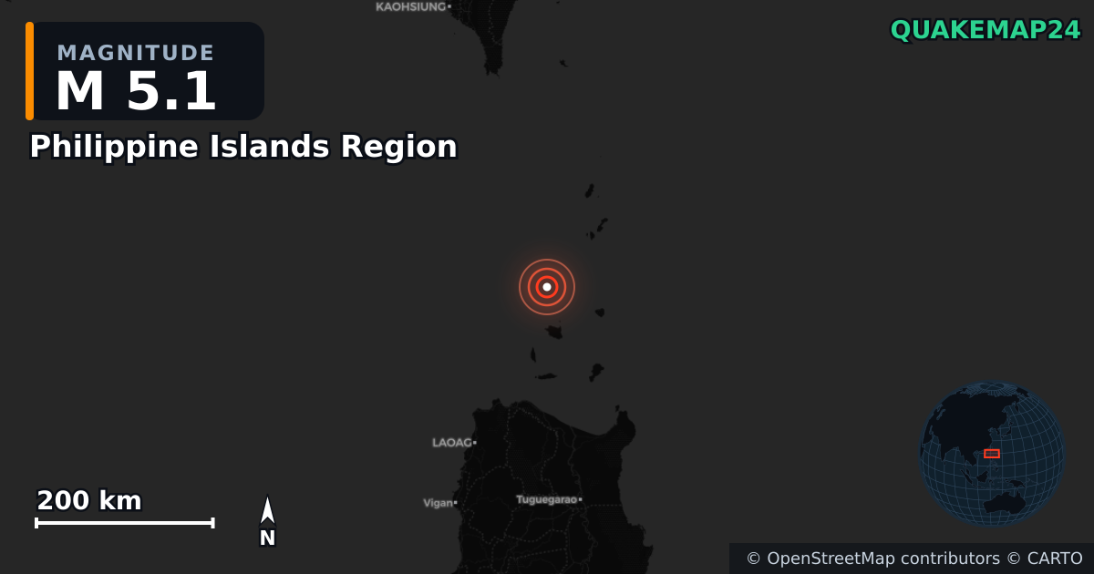 M5.1 earthquake near Philippine Islands Region on Jul 19, 2025 — map of epicenter and shaking intensity | QuakeMap24