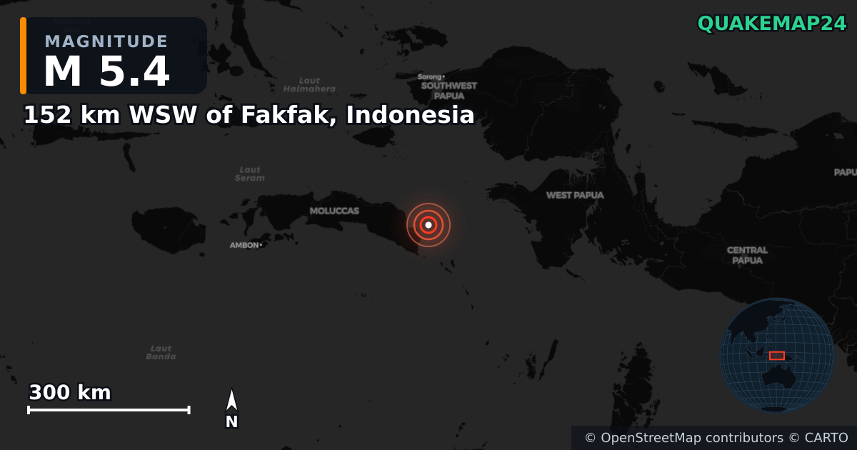 M5.4 earthquake near 152 km WSW of Fakfak, Indonesia on Apr 20, 2025 — map of epicenter and shaking intensity | QuakeMap24