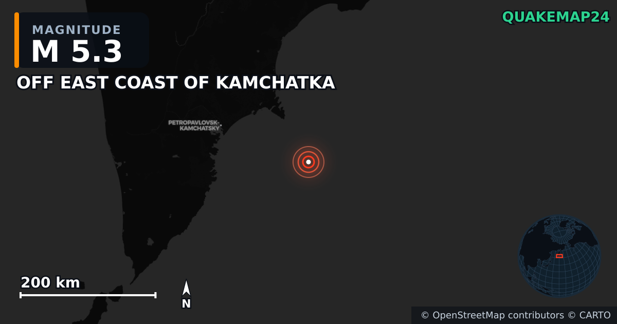 M5.3 earthquake near OFF EAST COAST OF KAMCHATKA on Jan 17, 2026 — map of epicenter and shaking intensity | QuakeMap24