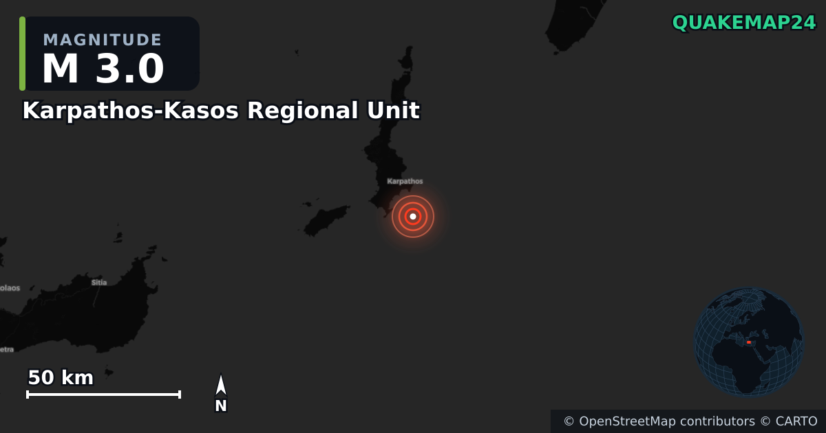 M3.0 earthquake near Karpathos-Kasos Regional Unit on Jul 8, 2026 — map of epicenter and shaking intensity | QuakeMap24