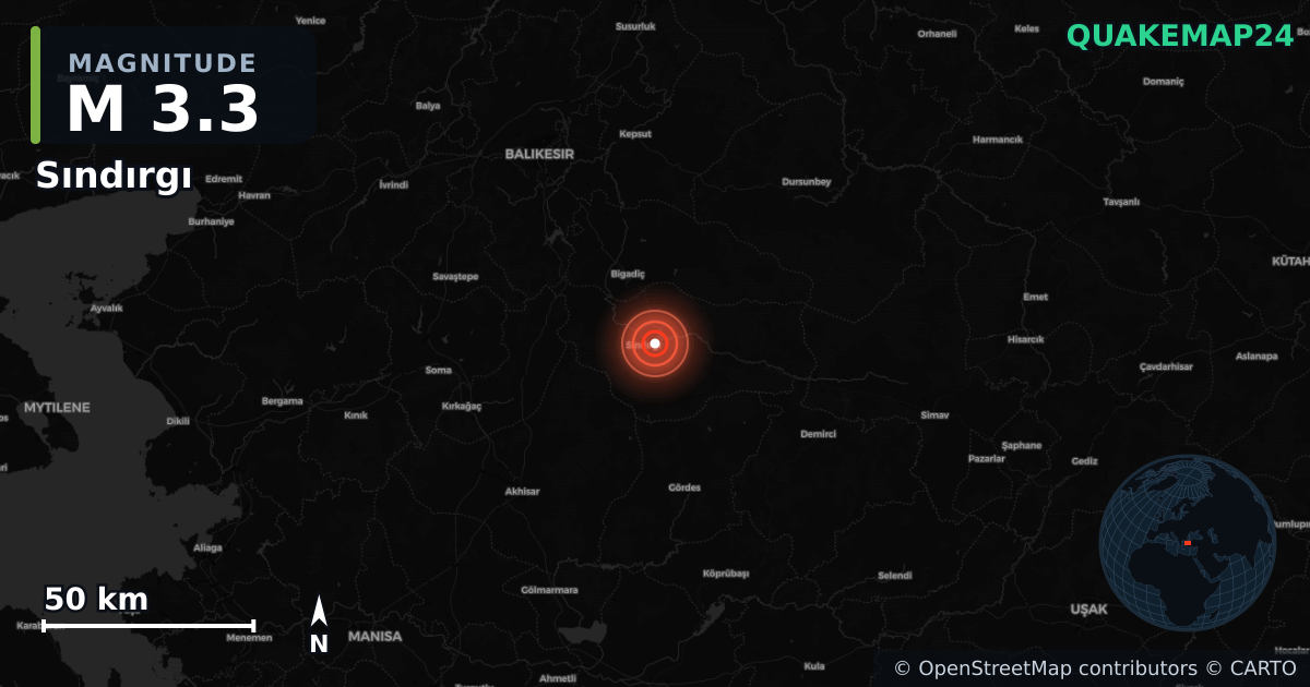 M3.3 earthquake near Sındırgı on Aug 24, 2025 — map of epicenter and shaking intensity | QuakeMap24