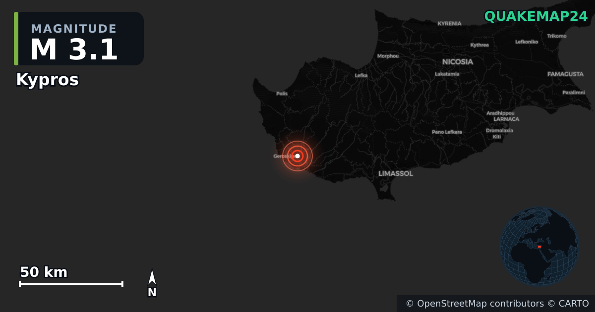 M3.1 earthquake near Kypros on Nov 13, 2025 — map of epicenter and shaking intensity | QuakeMap24