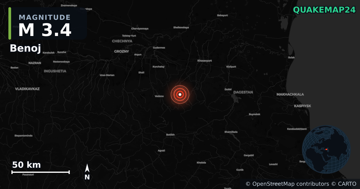 Benoj, Chechnya (Rusya) yakınında M3,4 deprem · 2026-10-13 — Deprem merkez üssünün konumunu gösteren harita