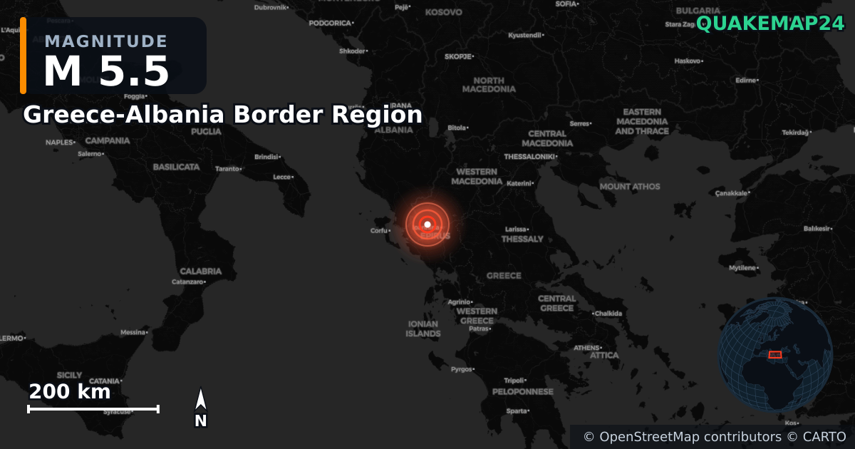 Greece-Albania Border Region yakınında M5,5 deprem · 2026-03-08 — Deprem merkez üssünün konumunu gösteren harita