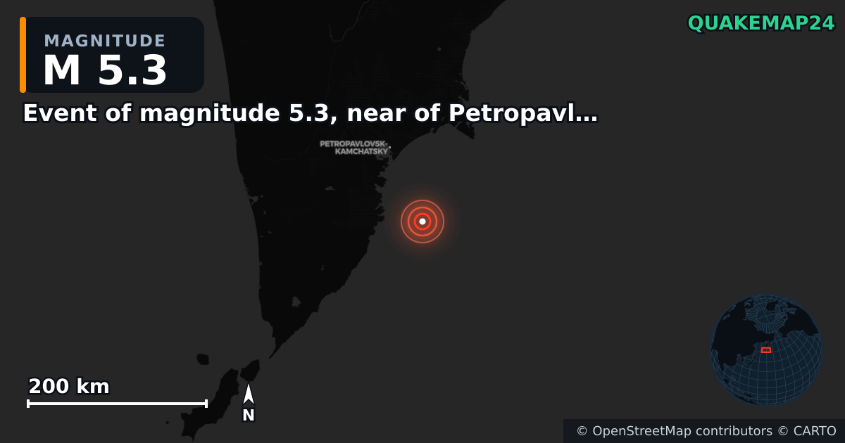 M5.3 earthquake near Event of magnitude 5.3, near of Petropavlovsk Kamchatskiy (Monde) on Nov 17, 2025 — map of epicenter and shaking intensity | QuakeMap24