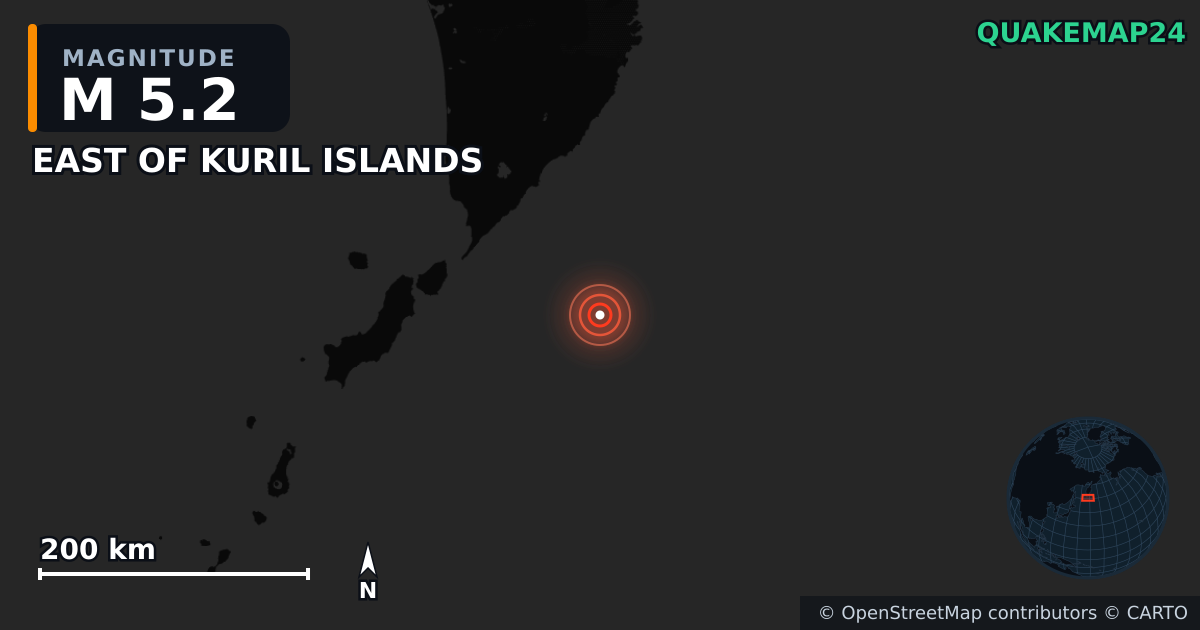 Terremoto de M5,2 cerca de EAST OF KURIL ISLANDS — Mapa de la ubicación del epicentro