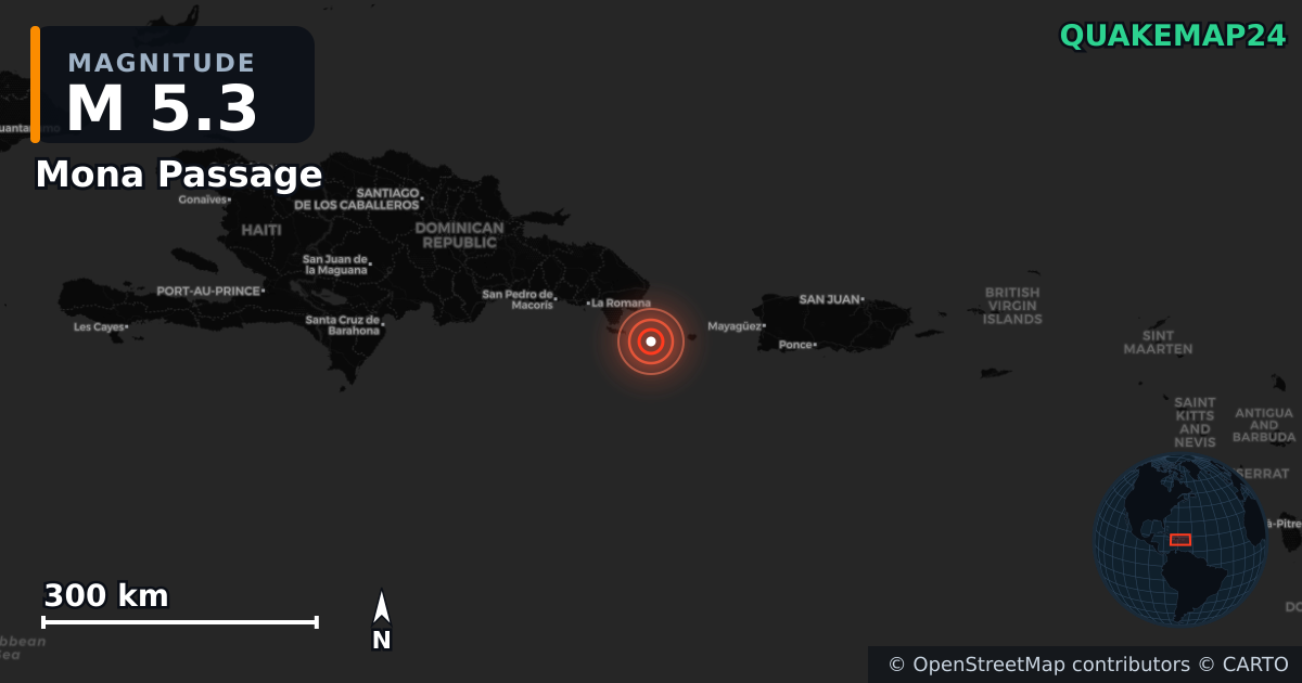M5.3 earthquake near Mona Passage on Aug 5, 2025 — map of epicenter and shaking intensity | QuakeMap24