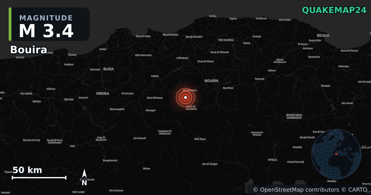 M3.4 earthquake near Bouira on May 15, 2025 — map of epicenter and shaking intensity | QuakeMap24