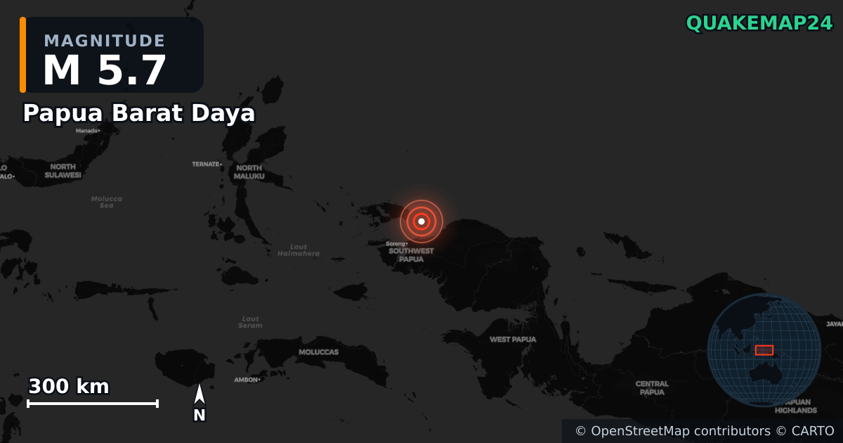 M5.7 earthquake near Papua Barat Daya on Jul 26, 2025 — map of epicenter and shaking intensity | QuakeMap24
