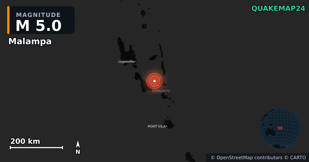 M5.0 earthquake near Malampa on Feb 23, 2026 — map of epicenter and shaking intensity | QuakeMap24