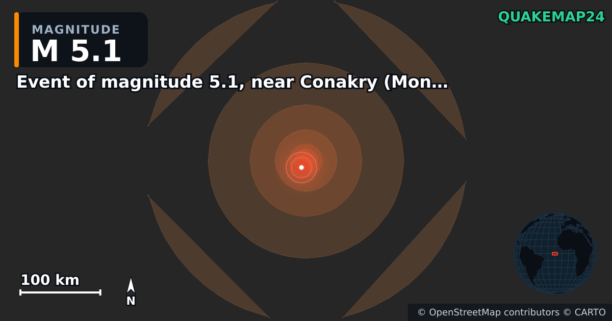 M5.1 Earthquake near Event of magnitude 5.1, near Conakry (Monde) · 2026-06-18 — Map showing the location of the epicenter
