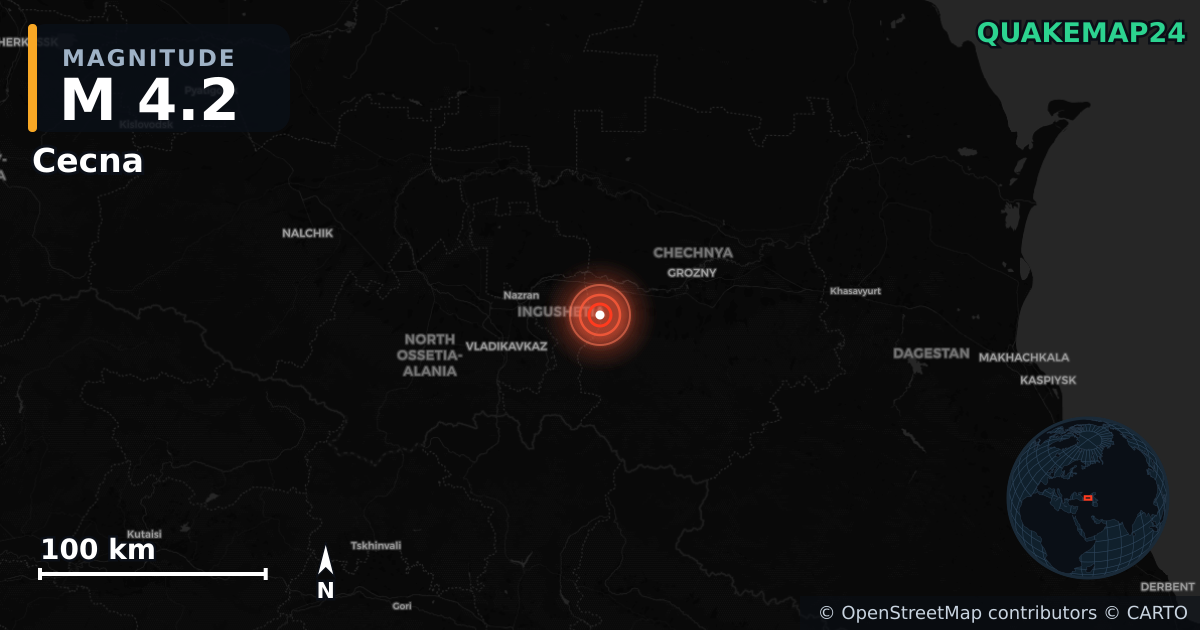 M4.2 earthquake near Cecna on Jul 20, 2025 — map of epicenter and shaking intensity | QuakeMap24