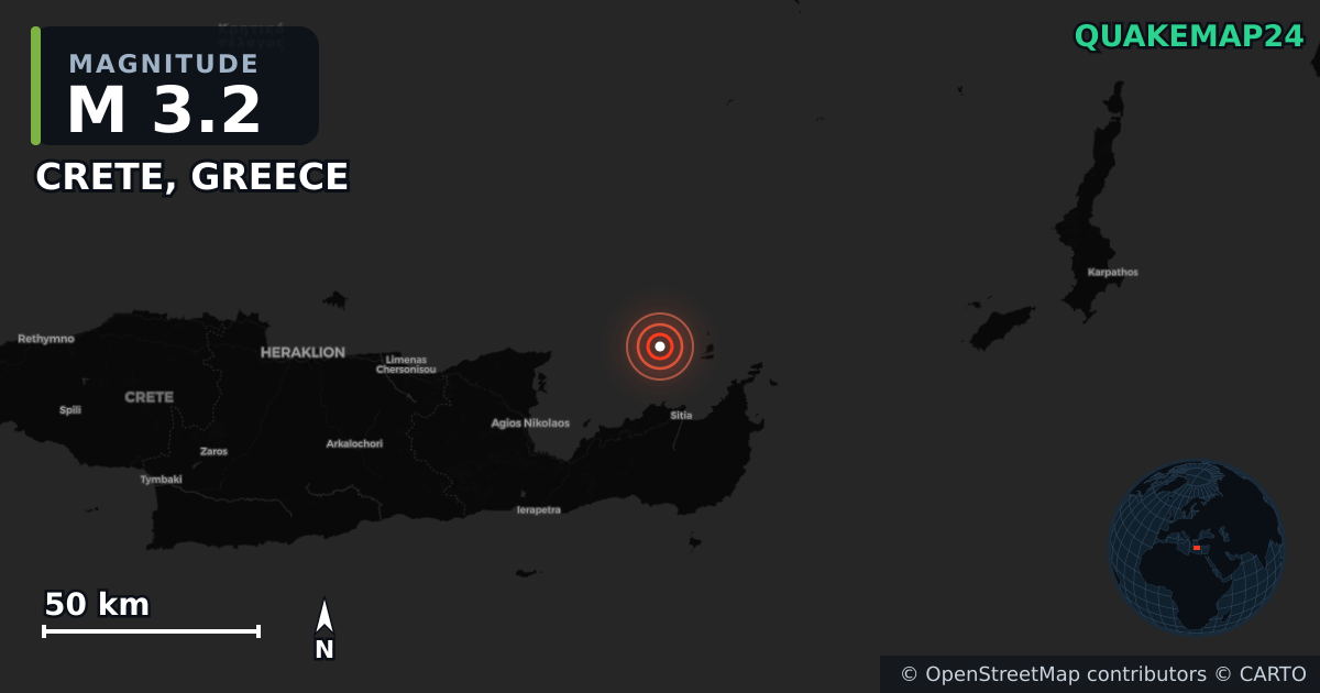 M3.2 earthquake near CRETE, GREECE on Jul 2, 2025 — map of epicenter and shaking intensity | QuakeMap24