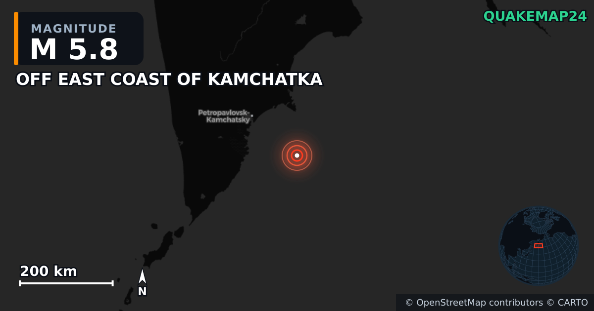M5.8 earthquake near OFF EAST COAST OF KAMCHATKA on Nov 3, 2025 — map of epicenter and shaking intensity | QuakeMap24