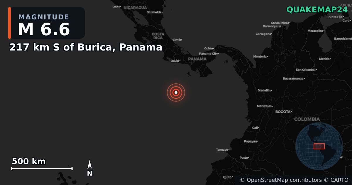 M6.6 earthquake near 217 km S of Burica, Panama on Jul 14, 2025 — map of epicenter and shaking intensity | QuakeMap24