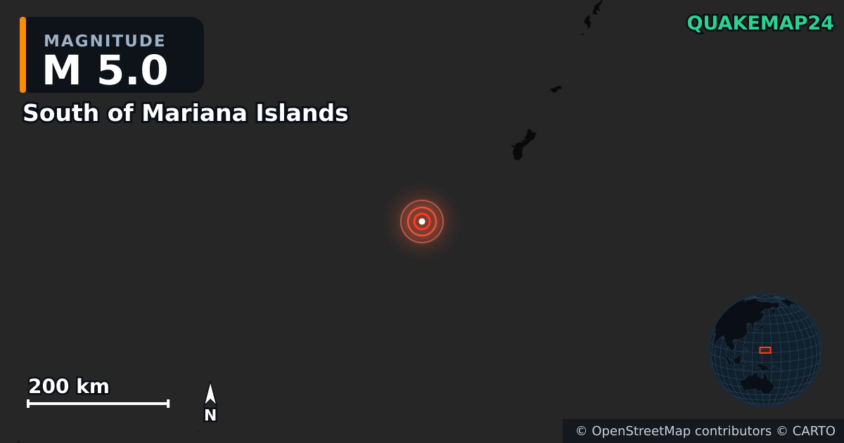 Erdbeben M5,0 bei South of Mariana Islands — Karte der Lage des Epizentrums