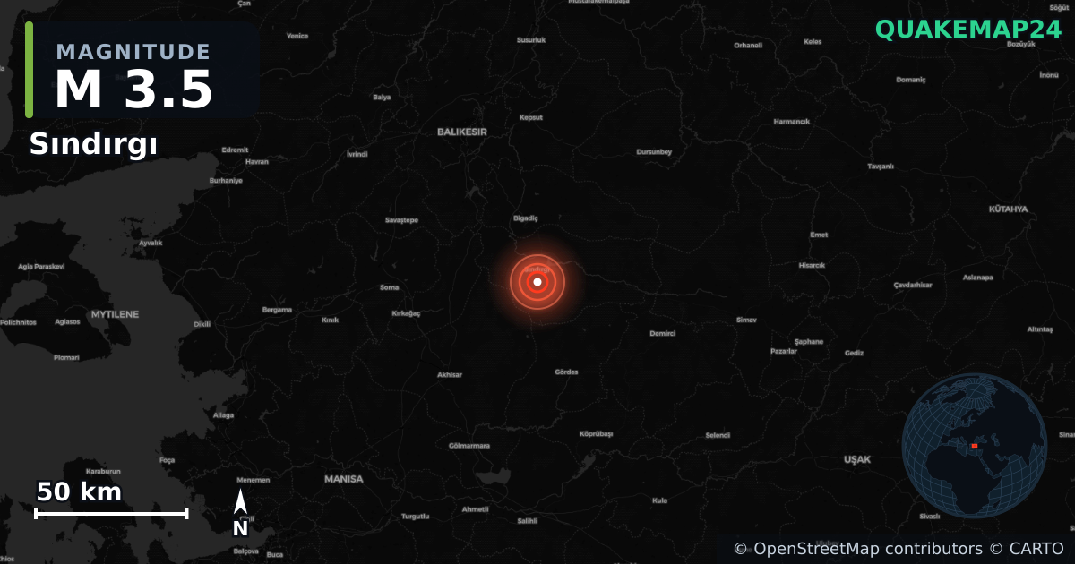 M3.5 earthquake near Sındırgı on Aug 10, 2025 — map of epicenter and shaking intensity | QuakeMap24