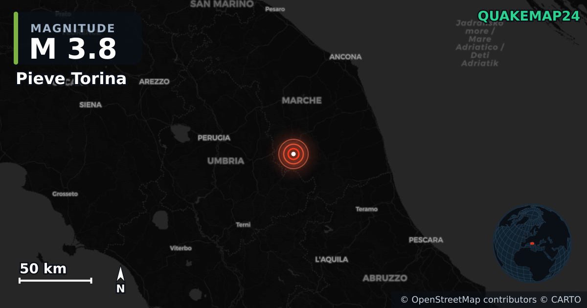 M3.8 earthquake near Pieve Torina on May 23, 2026 — map of epicenter and shaking intensity | QuakeMap24