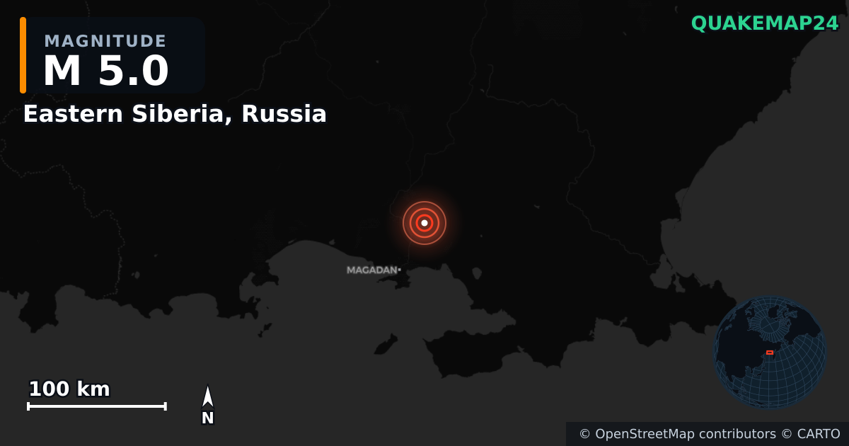 M5.0 earthquake near Eastern Siberia, Russia on Mar 17, 2026 — map of epicenter and shaking intensity | QuakeMap24