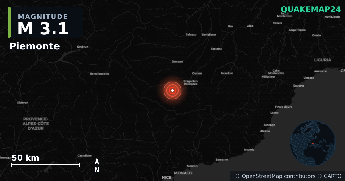 M3.1 earthquake near Piemonte on Oct 10, 2025 — map of epicenter and shaking intensity | QuakeMap24
