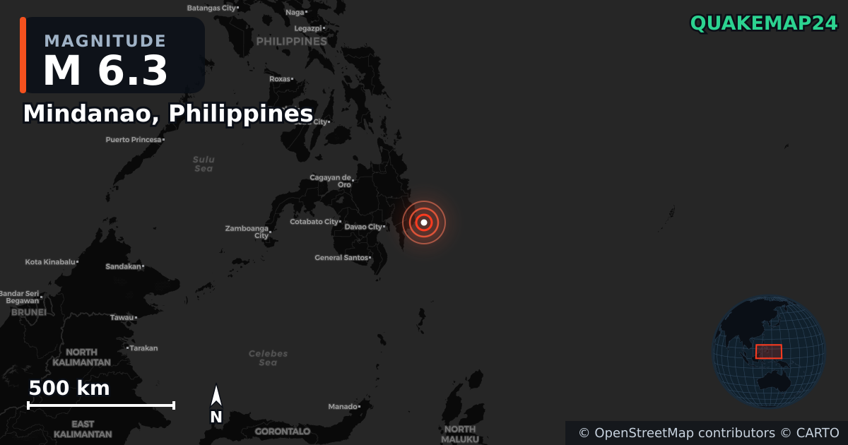 M6.3 earthquake near Mindanao, Philippines on Oct 10, 2025 — map of epicenter and shaking intensity | QuakeMap24