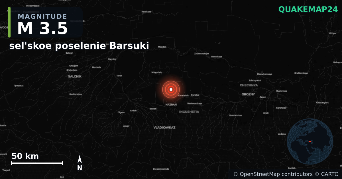 M3.5 earthquake near sel'skoe poselenie Barsuki on Apr 12, 2026 — map of epicenter and shaking intensity | QuakeMap24