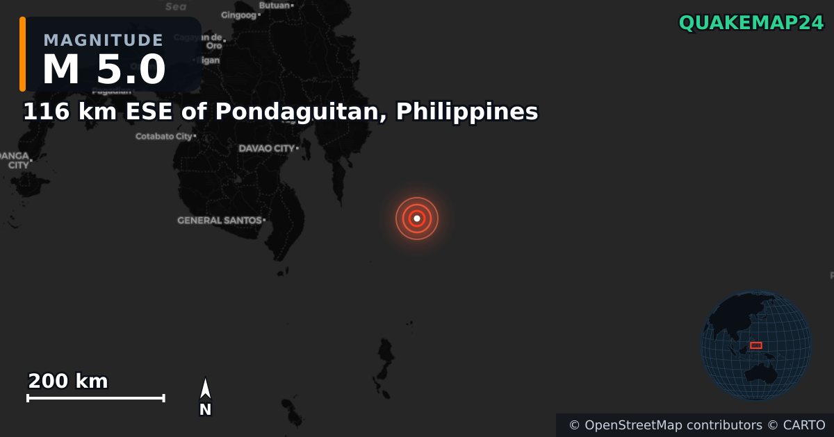 Sismo de M5,0 perto de 116 km ESE of Pondaguitan, Philippines — Mapa da localização do epicentro