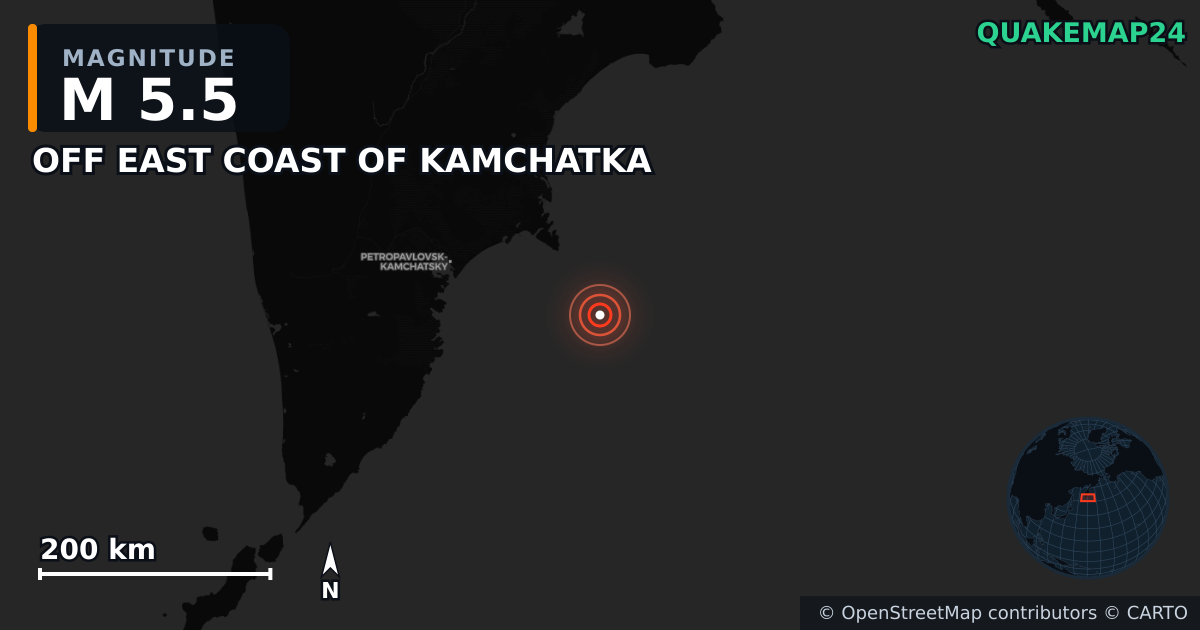 M5.5 earthquake near OFF EAST COAST OF KAMCHATKA on Jul 30, 2025 — map of epicenter and shaking intensity | QuakeMap24