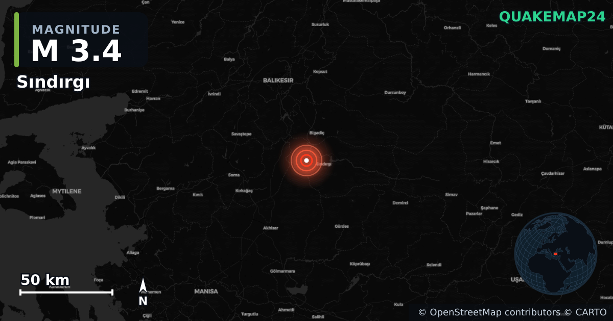 M3.4 earthquake near Sındırgı on Aug 11, 2025 — map of epicenter and shaking intensity | QuakeMap24