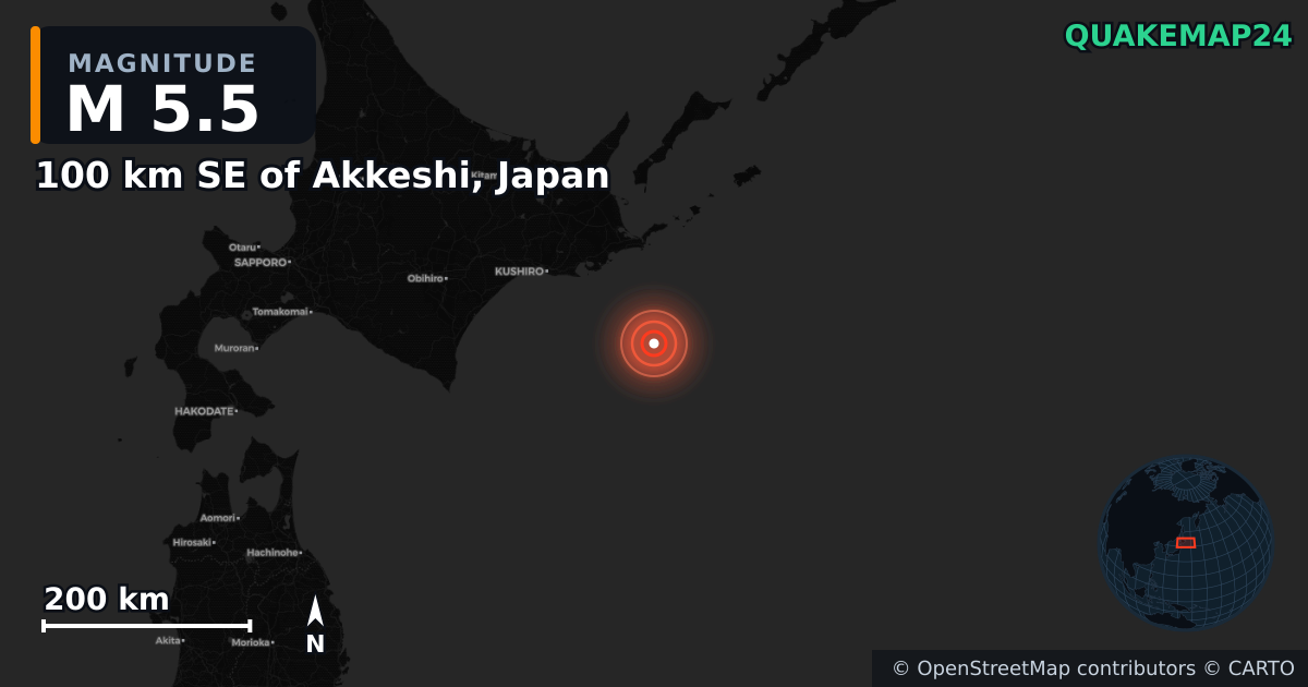 Erdbeben M5,5 bei 100 km SE of Akkeshi, Japan · 2025-08-01 — Karte der Lage des Epizentrums