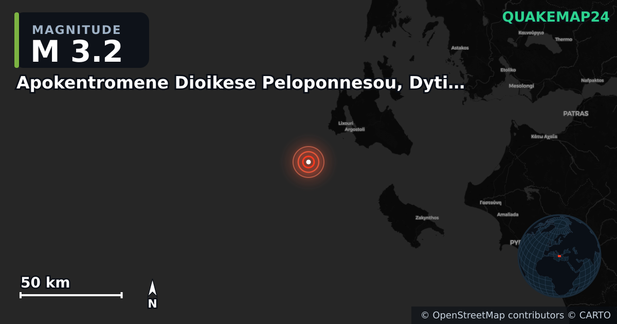 M3.2 earthquake near Apokentromene Dioikese Peloponnesou, Dytikes Elladas kai Ioniou on Sep 11, 2025 — map of epicenter and shaking intensity | QuakeMap24