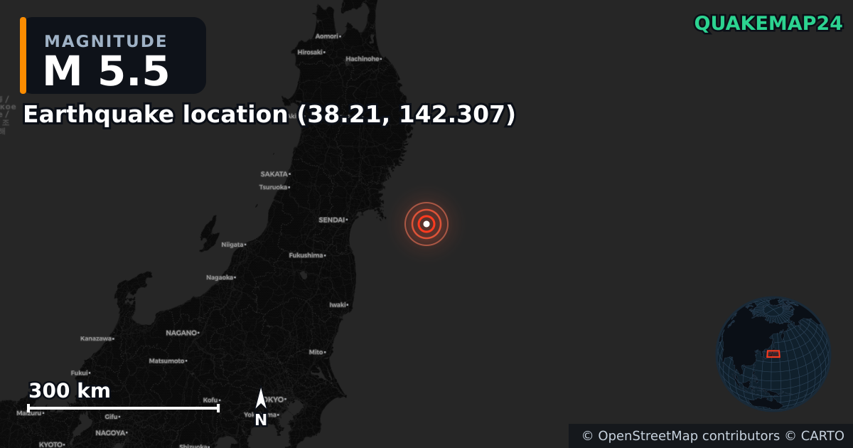 M5.5 earthquake near Deprem konumu (38.21, 142.307) on Jun 14, 2025 — map of epicenter and shaking intensity | QuakeMap24