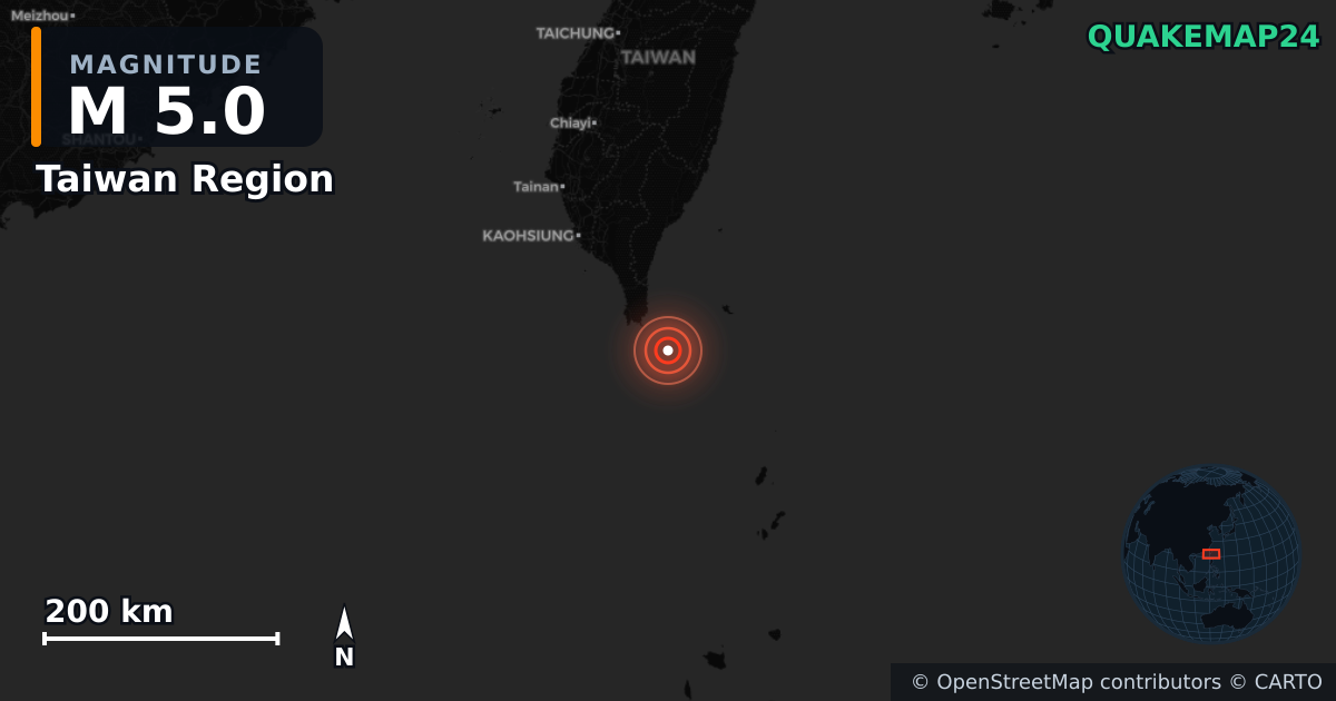 M5.0 earthquake near Taiwan Region on Jul 15, 2025 — map of epicenter and shaking intensity | QuakeMap24