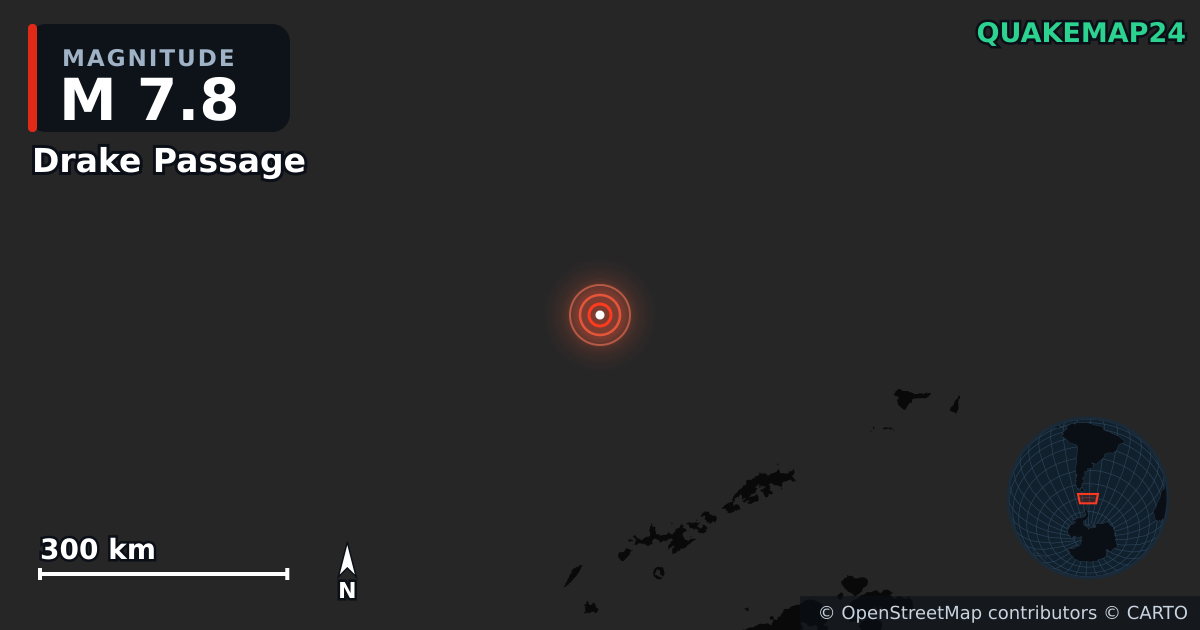 M7.8 earthquake near Drake Passage on Oct 10, 2025 — map of epicenter and shaking intensity | QuakeMap24