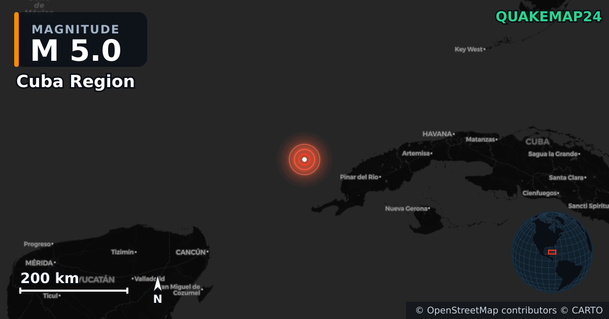 M5.0 earthquake near Cuba Region on Jun 15, 2026 — map of epicenter and shaking intensity | QuakeMap24