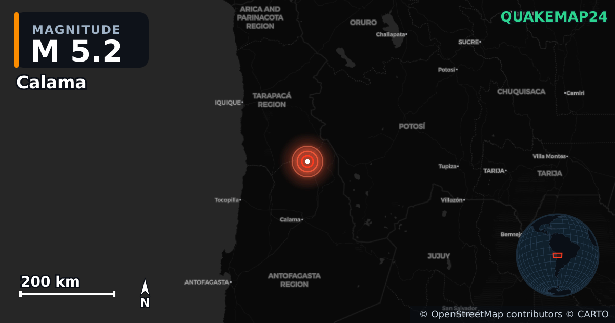 M5.2 earthquake near Calama on Jan 13, 2026 — map of epicenter and shaking intensity | QuakeMap24
