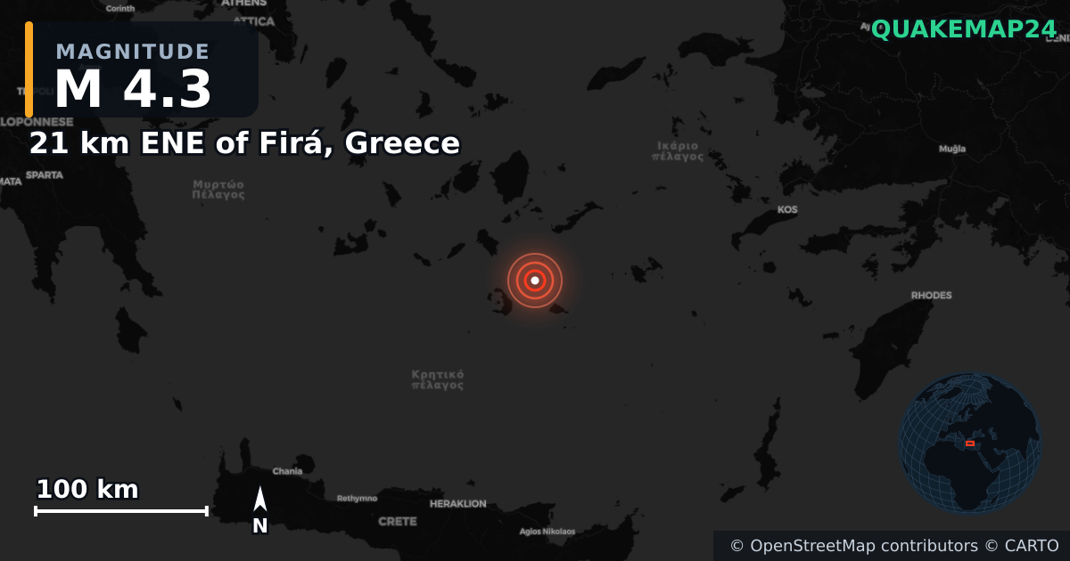 M4.3 earthquake near 21 km ENE of Firá, Greece on Feb 6, 2025 — map of epicenter and shaking intensity | QuakeMap24