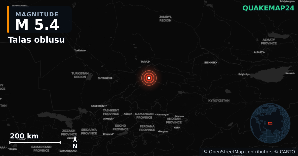 M5.4 earthquake near Talas oblusu on Oct 5, 2025 — map of epicenter and shaking intensity | QuakeMap24