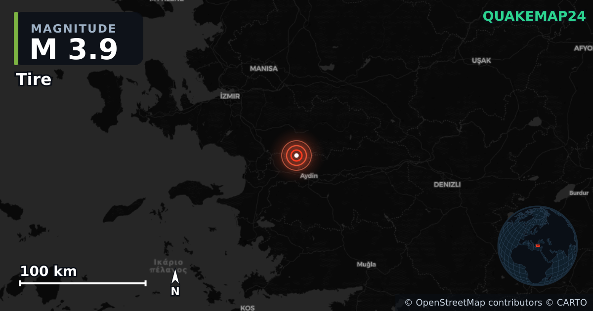 Σεισμός M3,9 κοντά στο Tire, Izmir (Τουρκία) · 2026-06-23 — Χάρτης της θέσης του επικέντρου
