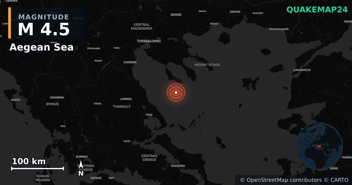 M4.5 earthquake near Aegean Sea on Jun 16, 2025 — map of epicenter and shaking intensity | QuakeMap24