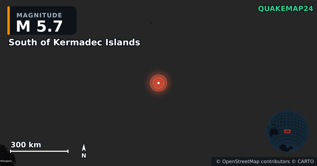 M5.7 earthquake near South of Kermadec Islands on Apr 5, 2026 — map of epicenter and shaking intensity | QuakeMap24