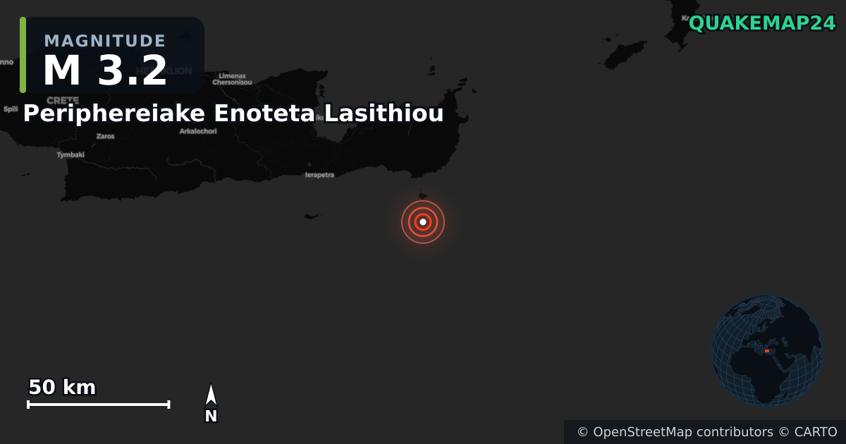 M3.2 earthquake near Periphereiake Enoteta Lasithiou on May 27, 2026 — map of epicenter and shaking intensity | QuakeMap24