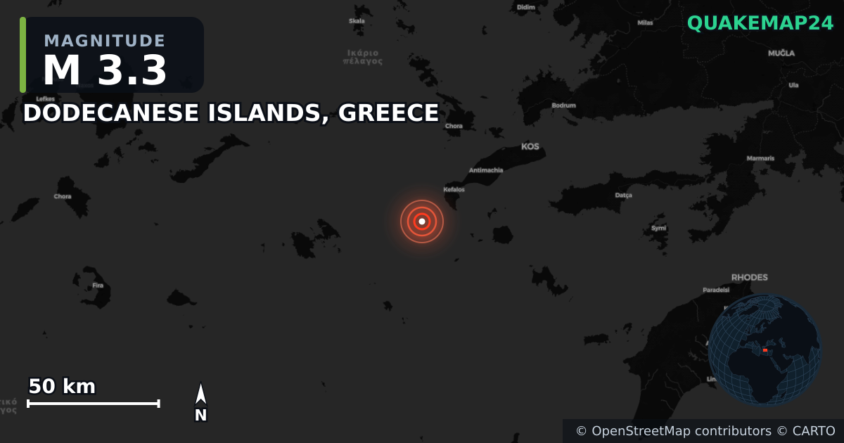 M3.3 earthquake near DODECANESE ISLANDS, GREECE on May 30, 2025 — map of epicenter and shaking intensity | QuakeMap24
